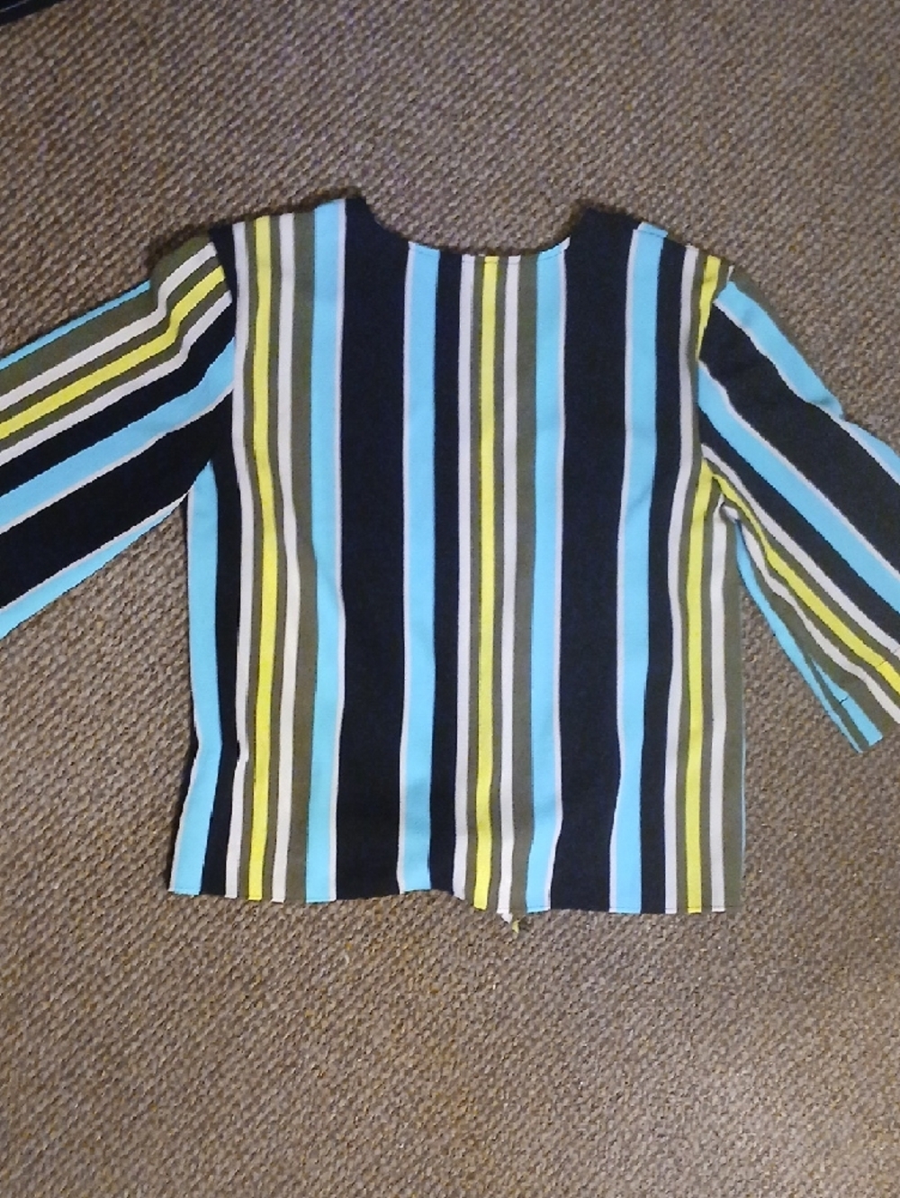 Jules & Leopold Blue, Black, Olive Green & Yellow Striped Knot-Front Blouse